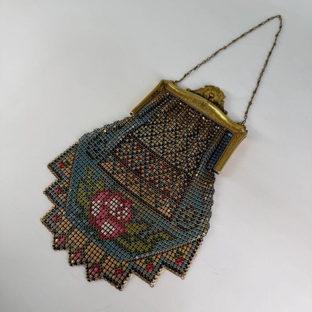 Antique 1920's Whiting & Davis Art Deco Metal Mesh Bag Purse USA Flapper Floral